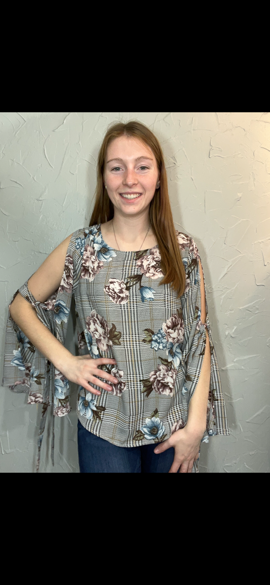 Plaid Open Bell Sleeve Top