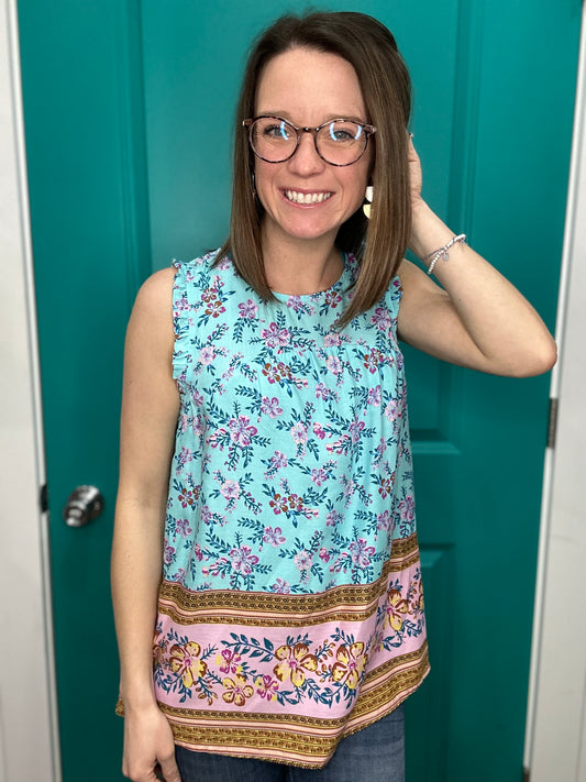 Aqua Detailed Floral Tank