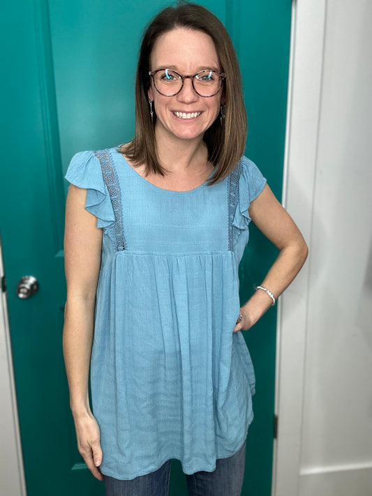 Blue Ruffle Sleeve Babydoll Top