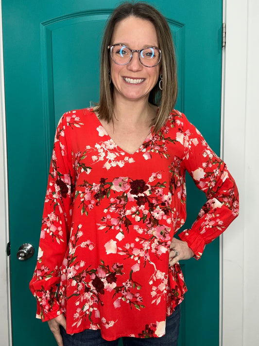 Red V Neck Floral