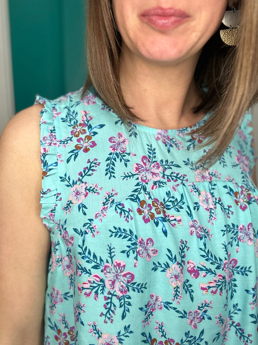 Aqua Detailed Floral Tank