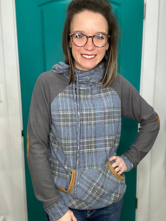 BLUE PLAID ELBOW PATCH HOODIE-5046