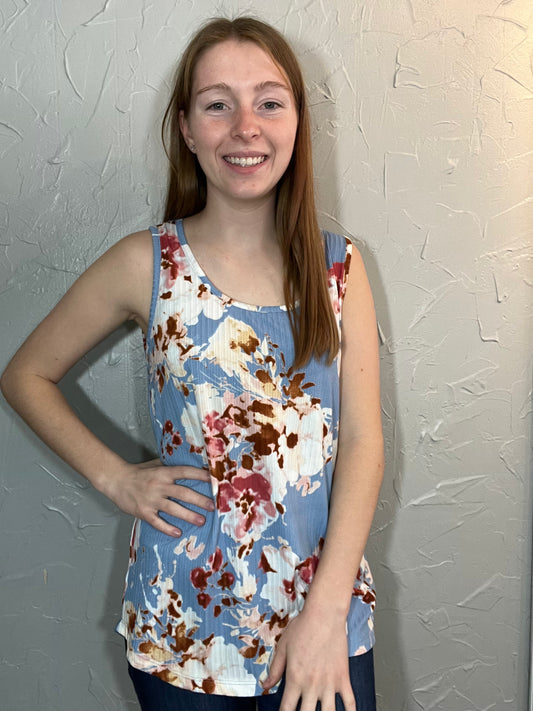 Blue Ribbed Floral Tank